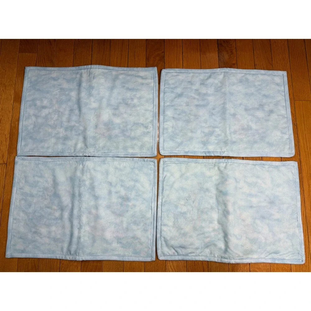 Set of 4 Quilted Embroidered Bluebird Birdbath Floral Placemats Light Blue‎